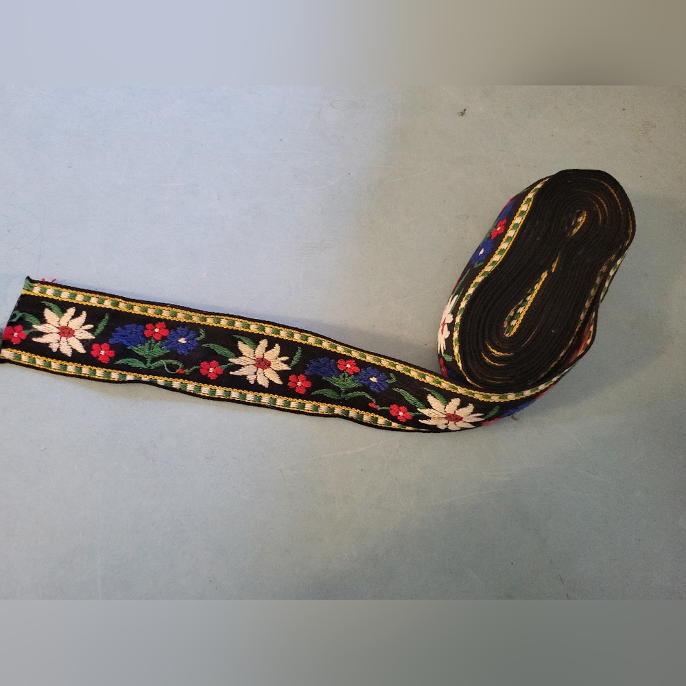 Floral Embroidered Black Jacquard Ribbon Trim #1169-500